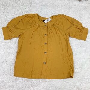 Ann Taylor puff sleeve round neck blouse top button front